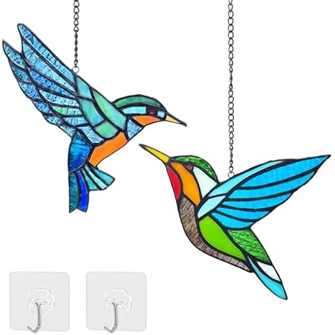 Royxen 2 Pack Hummingbird Stained Glass Window Hangings Handmade Bird Sun Catcher for Home Window Cover