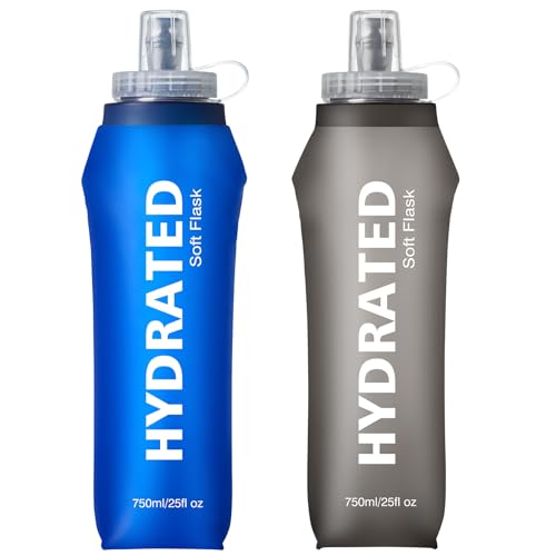 WEMEET Wiederverwendbare Soft Sportwasserflasche, 750ml Faltbare Trinkflasche mit Volumenskala, BPA-frei Faltbare Flasche, für Wandern, Laufen, Backpacking, Marathon (Blau & Grau, 2er Pack)