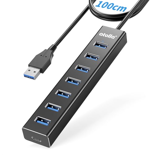 7 Port Aluminium Hub USB 3.0 avec Câble 100cm, Dissipation Thermique Rapide pour PC Bureau. Multiport USB Hub avec USB 3.0 5Gbps, 5V 3A Type-C pour Laptop,...