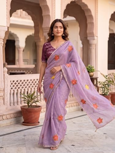 Image of Handcrafted Floral Embroidered Saree with Contrast Blouse