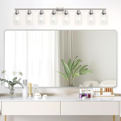 Image of 8-Light Brushed Nickel Vanity Lights, Modern Bathroom Light Fixtures with Clear Glass Shade, Wall Lamps for Mirror Kitchen Hallway Cabinet Living Room Sconces Lights - E26