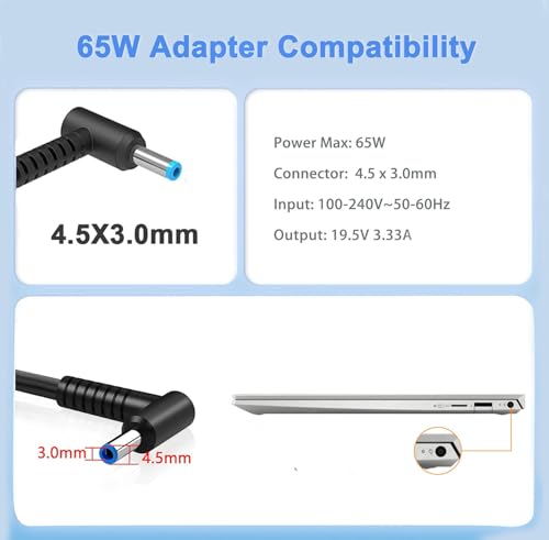 Image of 65W AC Charger Compatible with HP ProBook 450 G5 G6 G7 G8 G9 G10 ProBook 470 430 G8 440 445 640 650 G2 G3 G4 G5 G6 EliteBook L25298-001 L25298-003 TPN-LA16 19.5V 3.33A Laptop Power Supply Adapter