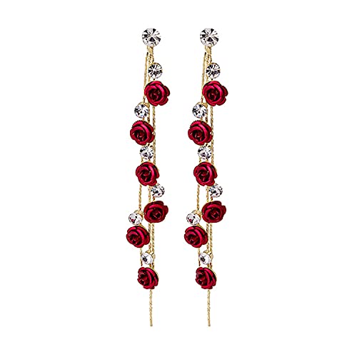 3D Rose Flower Crystal Long Tassel Drop Earrings for Women CZ Rhinestone Rose Fashion Purple Red Long Tassel Dangle Earrings Weddings Party Jewelry Accessories Gift