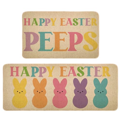 Happy Easter Kitchen Floor Mat Set of 2 Non-Slip Absorbent Rugs and Door Mats Spring Seasonal Bunny Decorative Home Kitchen Doormat 17x29 and 17x47 Inch DM138
