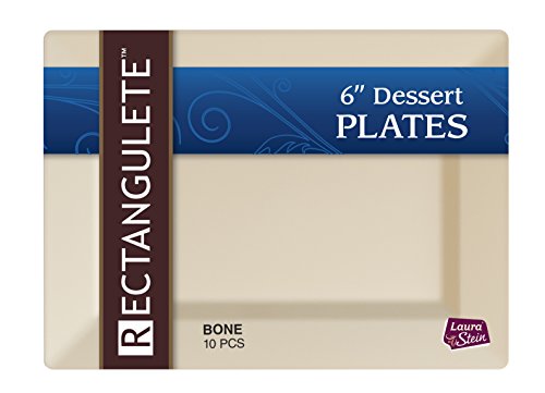 [40 Count - 6 Inch Plates] Rectangulete Designer Tableware Premium Heavyweight Plastic Bone Color Rectangle Dessert Plates With Border, Party & Wedding, Event Plate, Disposable Dishes