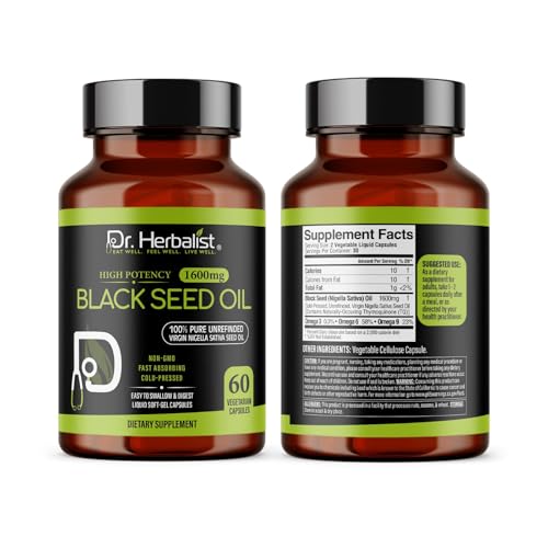 Image of Dr. HERBALIST Black Seed Oil Capsules 1600mg - Cold-Pressed Black Cumin Seed Oil, Nigella Sativa - 60 Easy-Swallow Vegetarian Softgels - Halal Black Cumin Oil Pills