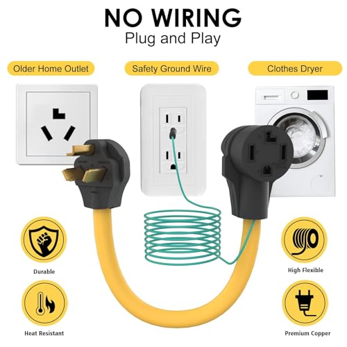 Dryer Adapter 4 to 3 Prong Rental Friendly 1.5FT 30 Amp with Green Ground Wire NEMA 10-30P Male to 14-30R Female Outlet New to Old Dryer Receptacle Plug Power Cord by M1A2 - Image 2