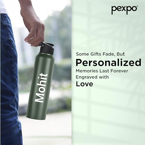 Image of Go24 pexpo Water Bottle 1 ltr Stainless Steel Sports /Fridge Bottle with Dual Cap Customize | Single Wall | For Home, Office, Gym, Travelling | Lightweight | BPA Free | Chromo 950ml |Military Green
