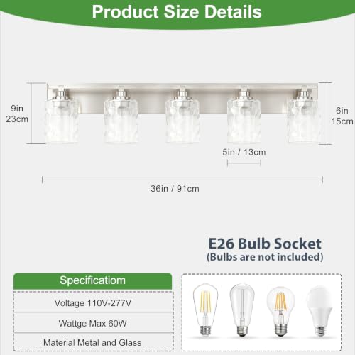 Image of Bathroom Light Fixtures,5-Light Brushed Nickel Vanity Lights Over Mirror | Modern Wall Light,Clear Ripple Glass Shade,Sturdy Metal Frame,For Bathroom Remodel,Easy Install,E26 Socket,ETL-Listed 36-inch