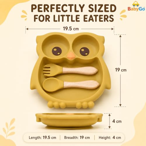 Image of BabyGo Silicone Suction Plate for Babies & Toddlers | 3-Section Owl-Shaped Feeding Set | Strong Suction Cups | BPA-Free, Microwave Safe | Self-Feeding| 1 Plate & 2 Spoons | Yellow