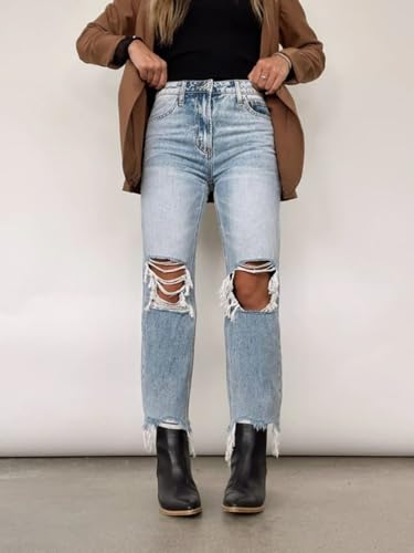 Jeans Pants Trousers Denim Trendy Washed Hole High Waist Loose Straight Pants2