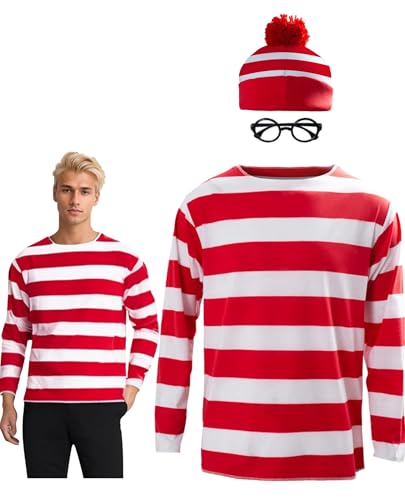 Powumie Red and White Striped Shirt Costume for Men Cosplay Knit Beanie Hat Black Glasses Outfit for Adult (Red&White Small)