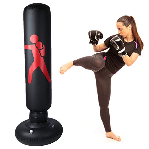 Saco de Boxeo Inflable, PVC 160cm Adultos Saco de Arena de Columna Inflable Saco de Arena Inflable, Saco de Arena Columna Tumbler Saco de Arena para Niños y Adultos(Negro)