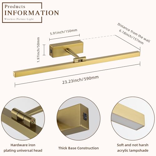 Image of Joosenhouse Battery Operated Picture Light, Wireless Gallery Light with Remote Control and Dimmable Timer Off Function, Rechargeable Painting Art Light, 23.23 Inch Brass Wall Sconce