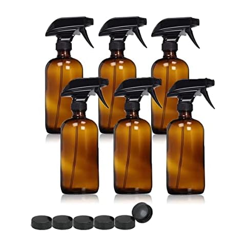 uyoyous Amber Glass Spray Bottle 6 Pack (500ml/16oz) Empty Refillable Container for Essential Oils Cleaning Organic Plant Cocking with BPA-Free Mist Trigger Sprayer Caps Cover