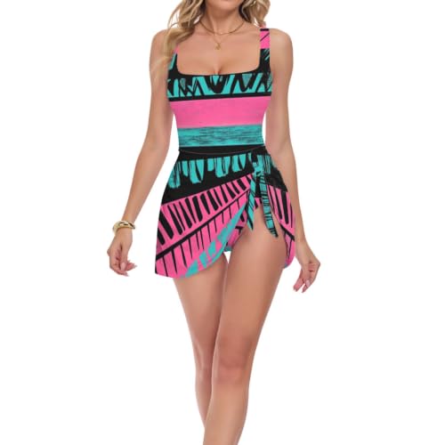 Maillot de bain 1 pièce femme rayures tribales rose fluo idéal pour la plage