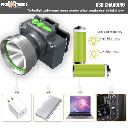 Image of Pick Ur Needs Chargeable Head Lamp with 3 Type LED Metal Body 200W Laser 3600 mAh Long Battery 5 hrs Torch Emergency Light (Silver)
