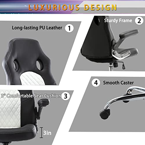 Image of Gaming Office Chair - PU Leather Executive Swivel Computer Desk Chair with Flip-up Armrests and Lumbar Support for Working, Studying, Gaming