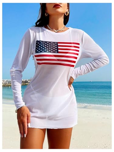 GORGLITTER Women's American Flag Long Sleeve T-Shirt Mesh Round Neck Cover Up Dress Beachwear4