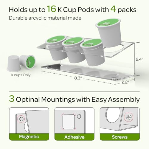 Image of LifeMoreasy K Cup Holders, Acrylic Coffee Pods Organizer Stand Magnetic & Self-Adhesive Wall Mounted K Cup Stand for Kitchen Wall, Cabinet, Fridge (4 Pack for 16 Pods)