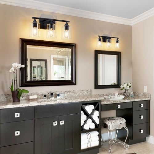 Image of Bathroom Lighting Fixtures Over Mirror,3-Light Black Bathroom Vanity Light,Sconces Wall Lighting with Clear Glass Shade,Light Fixture for Bedroom Living Room Vanity Table Hallway