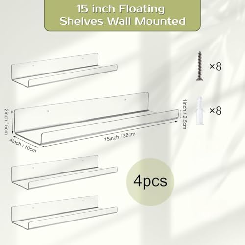 Image of REEUZA15 Clear Acrylic Floating Shelves | Invisible Wall-Mounted Display | Perfect for Bedroom, Living Room, Bathroom, Office | Easy Installation (4)