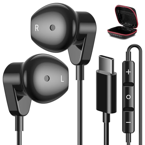 USB Cヘッドフォン iPhone 16 15 Pro Max Plus、Samsung S25 S24 Ultra S23 FE S22 フリップフォールドA54、USB Type Cイヤホン HiFiステレオUSB C有線イヤホン マイクボリュームコ