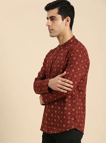 Image of Zombom Men's Cotton Polyester Blend Solid Regular Fit Full Sleeve Printed Short Kurta | Ethnic, Lightweight Summer Kurta for Daily & Occasion Use | Men's Trendy Short Kurta