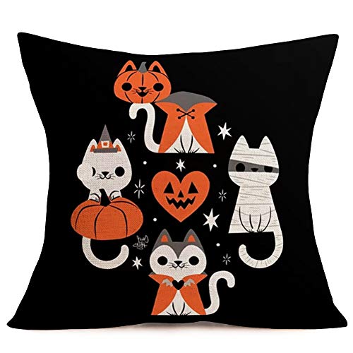 Fukeen Set Of 4 Halloween Party Throw Pillow Covers Cute Cat Pumpkin Maple Leaf Ghost Decorative Pillow Cases Cotton Linen Square 18”X18” Pillow Shams Cushion Cover Home Kids Room Decor, Black Orange #TOP2