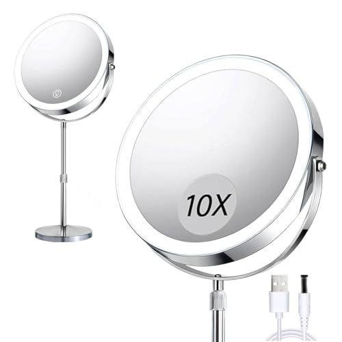HOTMIOD Makeup Mirror with Lights and Magnification, Electric Lighted Standing Mirror with 10x Magnification, Magnifying Mirror with Light for the Bathroom, 360° Rotation & Height Adjustable
