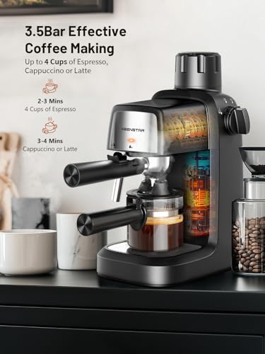 3.5Bar & Milk Frother Espresso Machine, 800W Preheating 4-Cup Cappuccino Maker