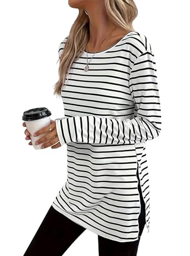 LilyCoco Womens Striped Shirt Casual Long Sleeve T Shirt Side Slit Tees3