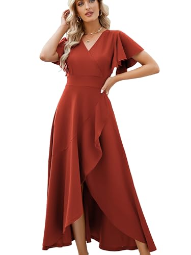 Image of Long Black Formal Dresses for Women Gowns Evening Party Cocktail Dress,Split Elegant V Neck Wrap Ruffle Wedding Guest Dresses