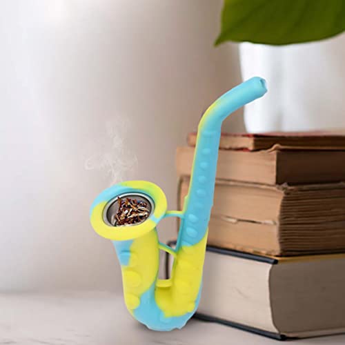 Image of Kookee Silicone Unbreakable Saxophone Smoking Pipe, Tobacco Pipes with Steel Bowl, Blue and Yellow