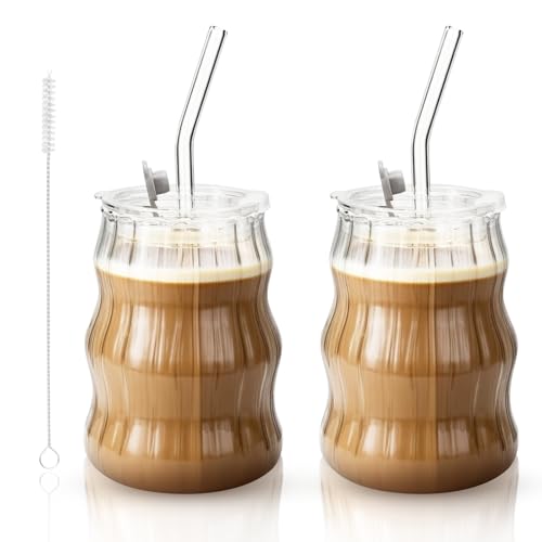 YNOYMO Gerippte Trinkgläser mit Deckel und Strohhalm Glass Tumbler 530ml Blasenglas Bubble Tea Becher Eiskaffee Gläser Glasbecher 2er Eleganter Trinkbecher für Iced Coffee Smoothie Cocktail