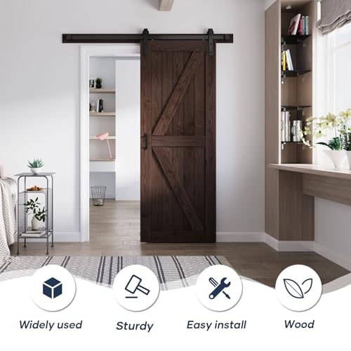 Image of FREDBECK 30 x 80 Wood Barn Door Brown with Hardware,K-Frame,Interior Door