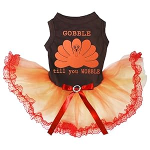 Petitebella Orange Gobble Turkey Till You Wobble Puppy Dog Dress (Brown/Orange Lace, Large)