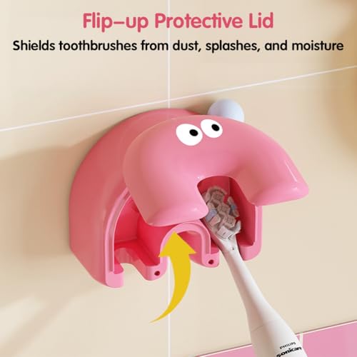 Image of HASTHIP Wall-Mounted Tooth Brush Holder Bathroom, with 2 Storage Slots, Cartoon Pink Wall Adhesive Toothbrush Storage Rack with Flip Up Lid, Bathroom Toothbrush Organizer for Kids, Adults