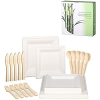 MORGIANA Disposable Square Paper Plates Heavy Duty White Sugarcane Plates Bamboo Spoons Forks and Knives for Dinner Picnic Camping Party BBQ 25 Persons