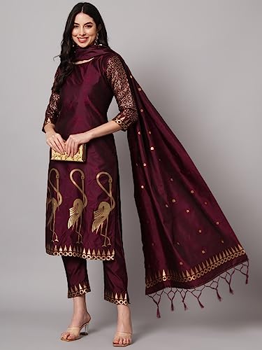 Image of VredeVogel Women's Cotton Silk Jacquard Kurta Pant Set with Banarasi Silk Dupatta