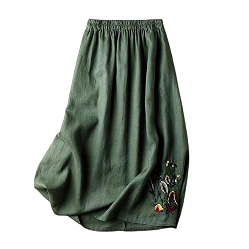 COTCLO Long Skirt Retro Cotton And Linen Summer Skirt Women Embroidered Solid Color Large Swing Skirt All-Match Thin Long Ladies Skirt-Green,L