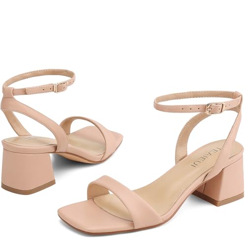 Image of TEAIEUI Block Heels for Women, Square Open Toe Heeled Sandals, Chunky Ankle Strap Shoes for Dress, Party, Prom, Low Heel 2 inch