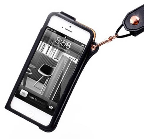 Feelglad (TM) Pu Leather Cover Protection Shell Case with Adjustable Detachable Neck Lanyard GEL Hanging Neck Strap Lanyard Holder Card Folding Stand for Iphone 5 5s (B-Black)