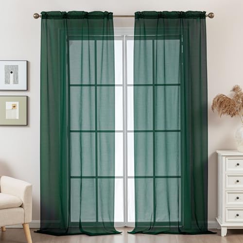 Image of Green Sheer Curtains 96 Inches Long, Privacy Semi Sheer Curtains for Living Room Bedroom, Light Filtering Rod Pocket Voile Window Drapes 2 Panels Set, Each 42 inch W x 96 inch L