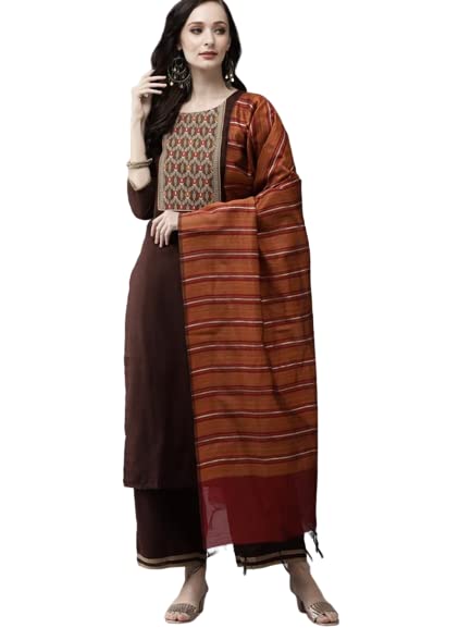 Creation RajviWomen's Yoke Design Cotton Blend Straight Kurta Palazzo with Dupatta Set Golden Pari, Brown, 36