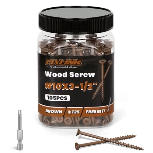 Image of Wood Screws 3-1 /2 Inch, FIXLINK Deck Screws #10 x 3-1 /2 inch, 105 PCS, Epoxy Coated, T25 Star Bit Above 1500 Hour Salt Spray Coating Outdoor Decking Screws Excellent Rust Resistant for Wood Fence, Brown