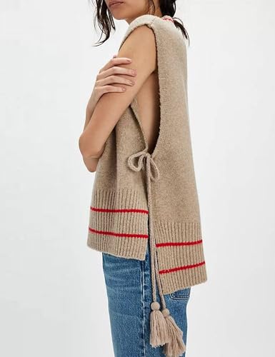 Image of UANEO Women's V Neck Sweater Vest All Star Stripe Poncho Sleeveless Pullover Tank Tops(Khaki-S)