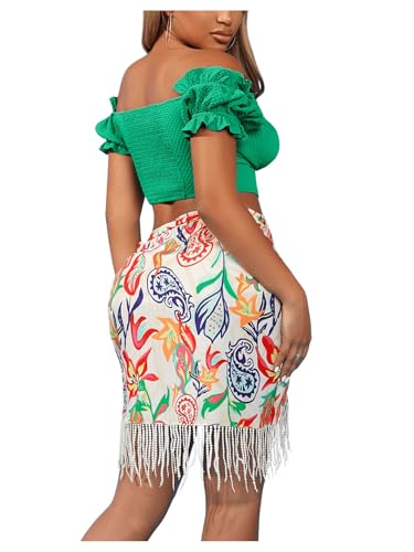 MakeMeChic Women's Floral Tie Side Wrap Tassel Mini Skirt Cover Up Beach Skirt2