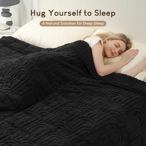 Image of Cottonblue Jacquard Weighted Blanket for Adults Queen Size 12 lbs, Soft Fluffy Sherpa Fleece Weighted Blankets Throw 60 inch x 80 inch for Sleep Relax, Fuzzy Warm Arch Heavy Blanket for Bed Sofa, Black