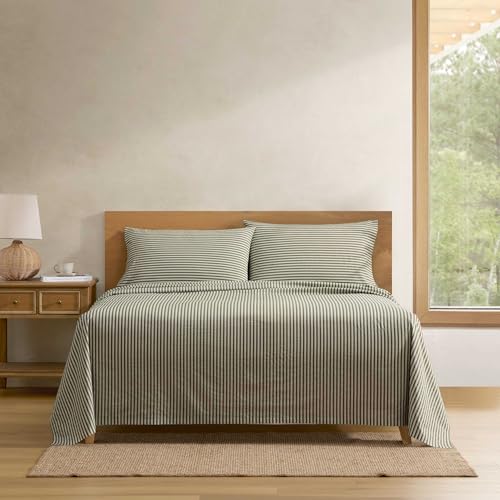 Eddie Bauer - Queen Size Sheet Set, Cotton Percale Bedding with Deep Pocket Fitted Sheet, Bed Sheets with Matching Pillowcases, Alpha Stripe Green